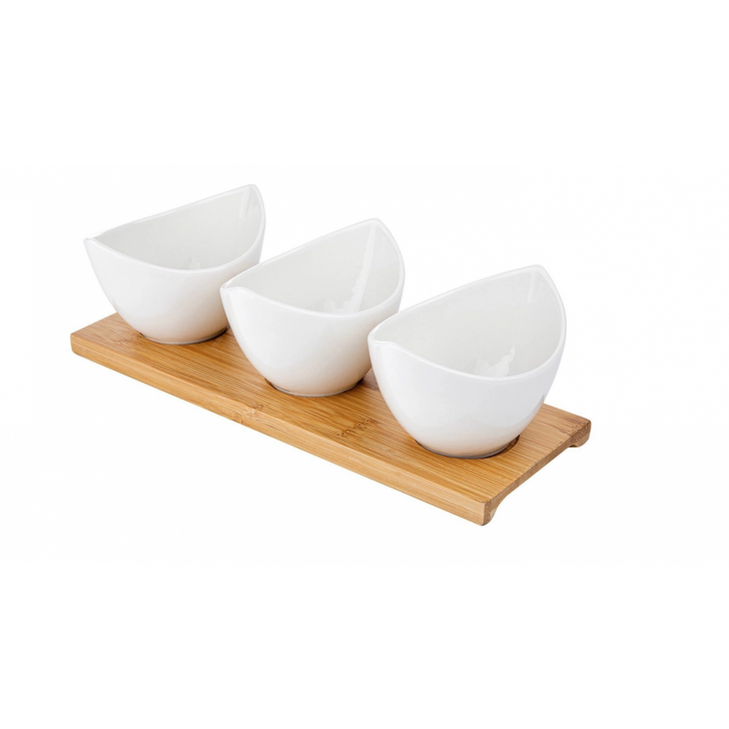 Set servire Florina Adria Gondole 3 piese, bambus, portelan alb, 25 x 9 x 6,5 cm