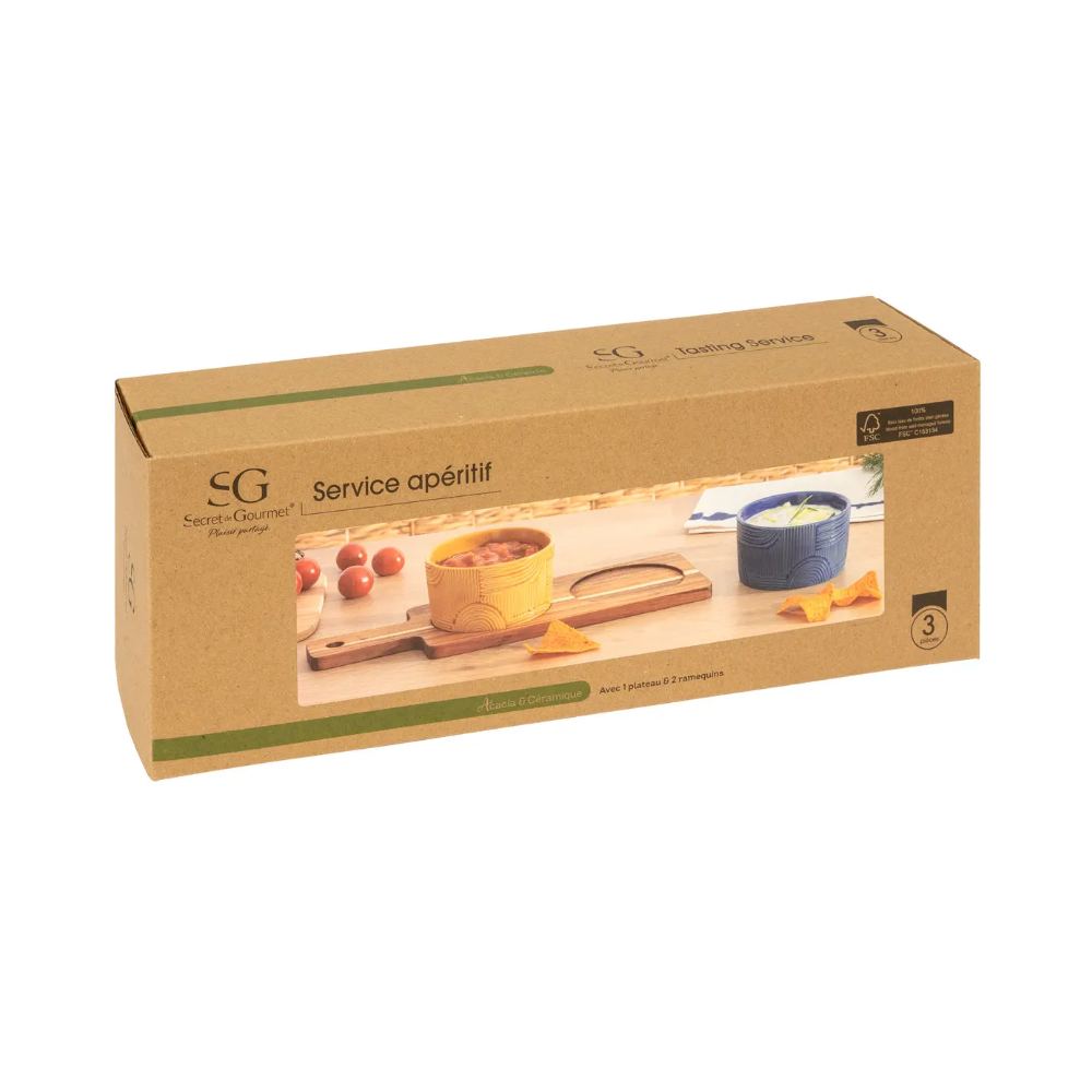 Set servire Soleya, ceramica, lemn, 11 x H. 6 cm
