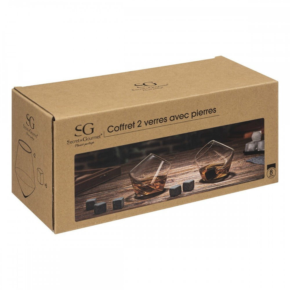 Set servire whisky Gob 2 pahare 300 ml si 6 pietre granit 2 cm