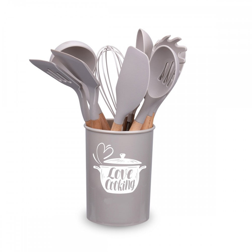 Set ustensile bucatarie Love cooking by Krasino, bej, silicon, lemn, metal, 12 piese