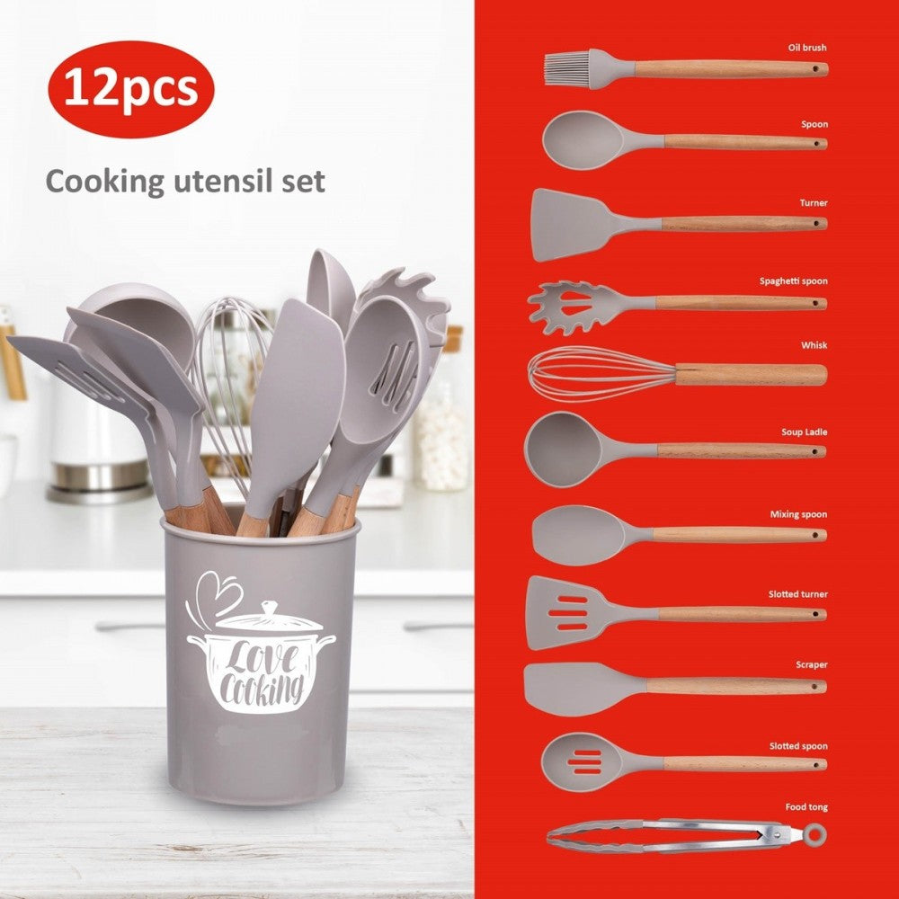 Set ustensile bucatarie Love cooking by Krasino, bej, silicon, lemn, metal, 12 piese