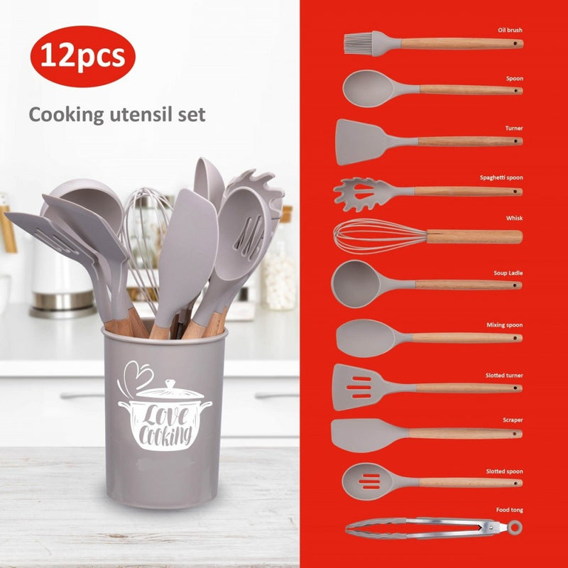 Set ustensile bucatarie Love cooking by Krasino, bej, silicon, lemn, metal, 12 piese