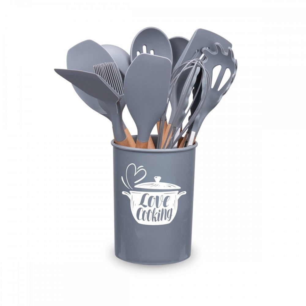 Set ustensile bucatarie Love cooking by Krasino, gri, silicon, lemn, metal, 12 piese