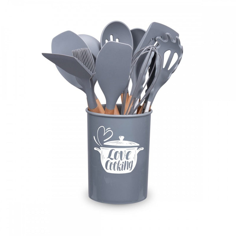 Set ustensile bucatarie Love cooking by Krasino, gri, silicon, lemn, metal, 12 piese