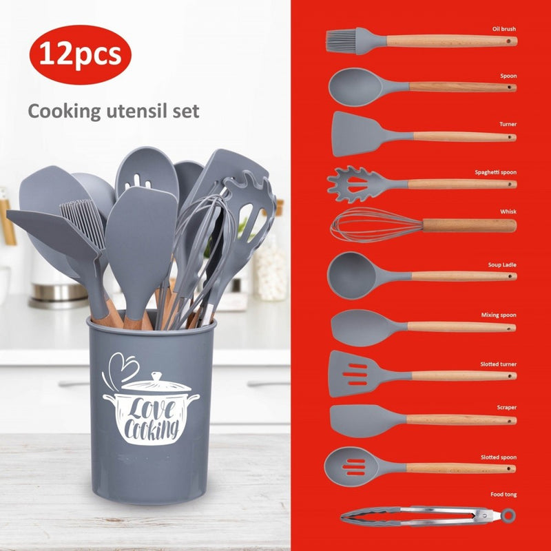 Set ustensile bucatarie Love cooking by Krasino, gri, silicon, lemn, metal, 12 piese