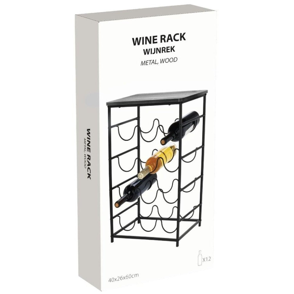 Suport 12 sticle vin Koopman, metal/lemn, 40x26x60 cm, negru