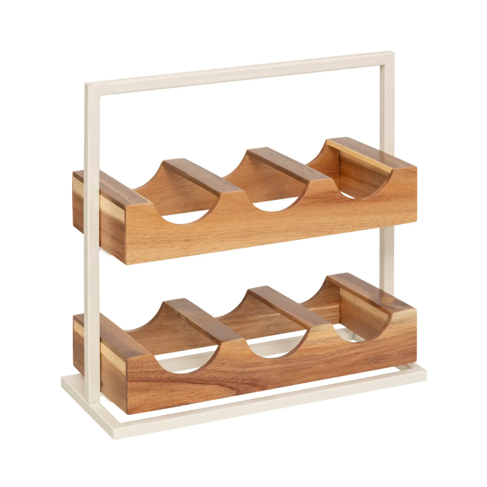 Suport 6 sticle vin Accacia, lemn, metal, 36 x 15 x H 35 cm