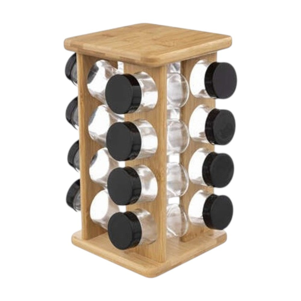 Suport condimente Brenda Black, cadru bambus, 16 recipiente, 17x17x28 cm