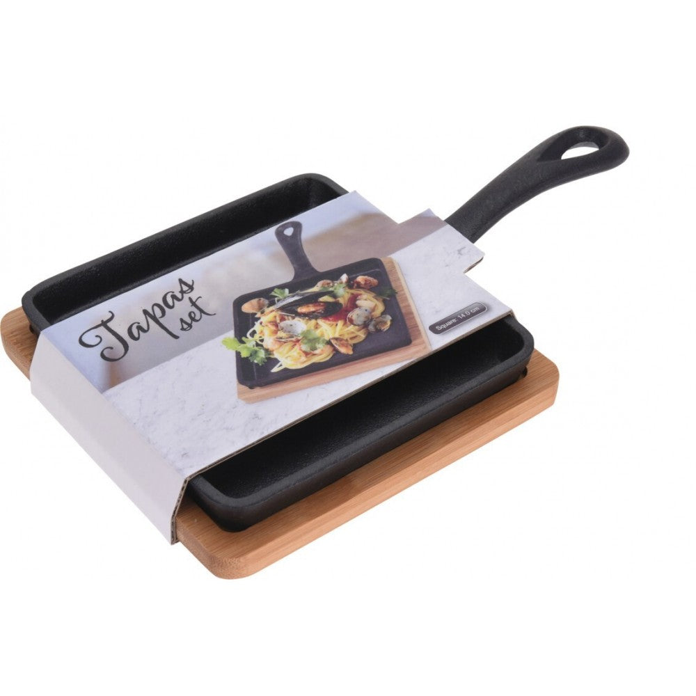 Tigaie tapas, patrat, fonta, suport bambus, 14 x 14 x 3.4 cm, lungime cu maner 24 cm