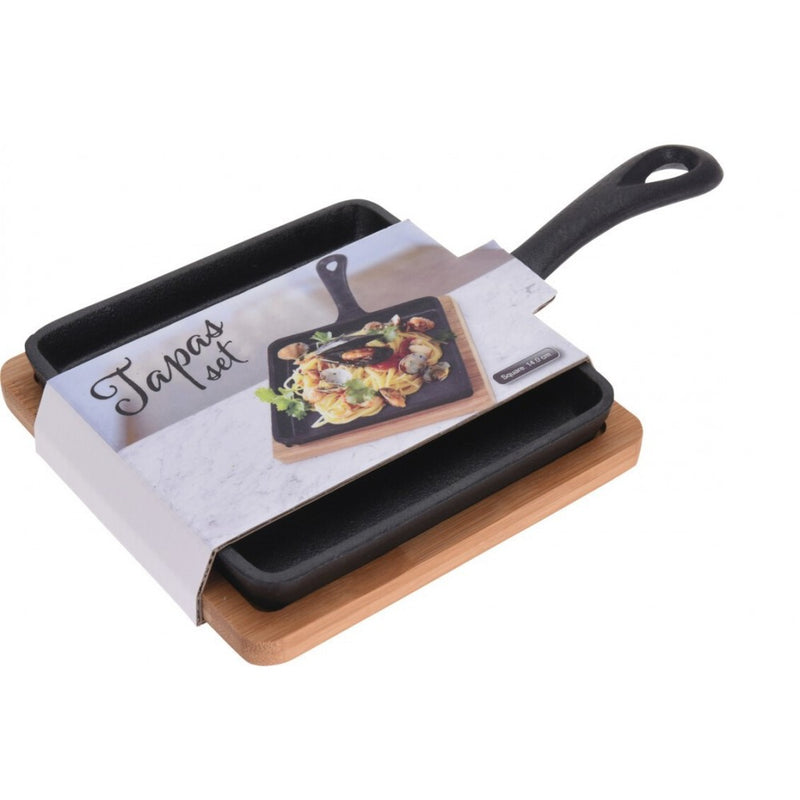 Tigaie tapas, patrat, fonta, suport bambus, 14 x 14 x 3.4 cm, lungime cu maner 24 cm