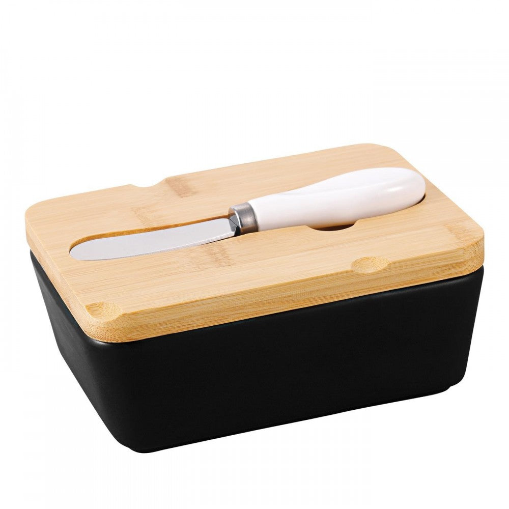 Untiera Florina Adria Black, portelan, capac bambus, cutit unt inclus, 15,5 x 11 x 6 cm