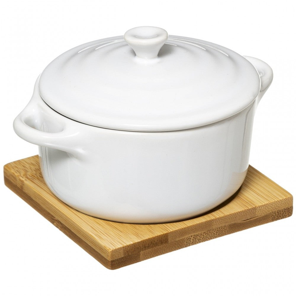 Vas din ceramica Neje cu capac si suport din bambus, 10.5 x 9 x 13 cm