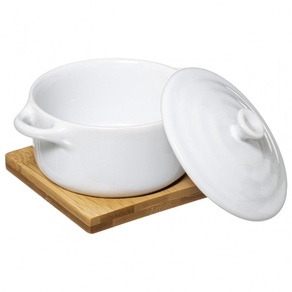 Vas din ceramica Neje cu capac si suport din bambus, 10.5 x 9 x 13 cm