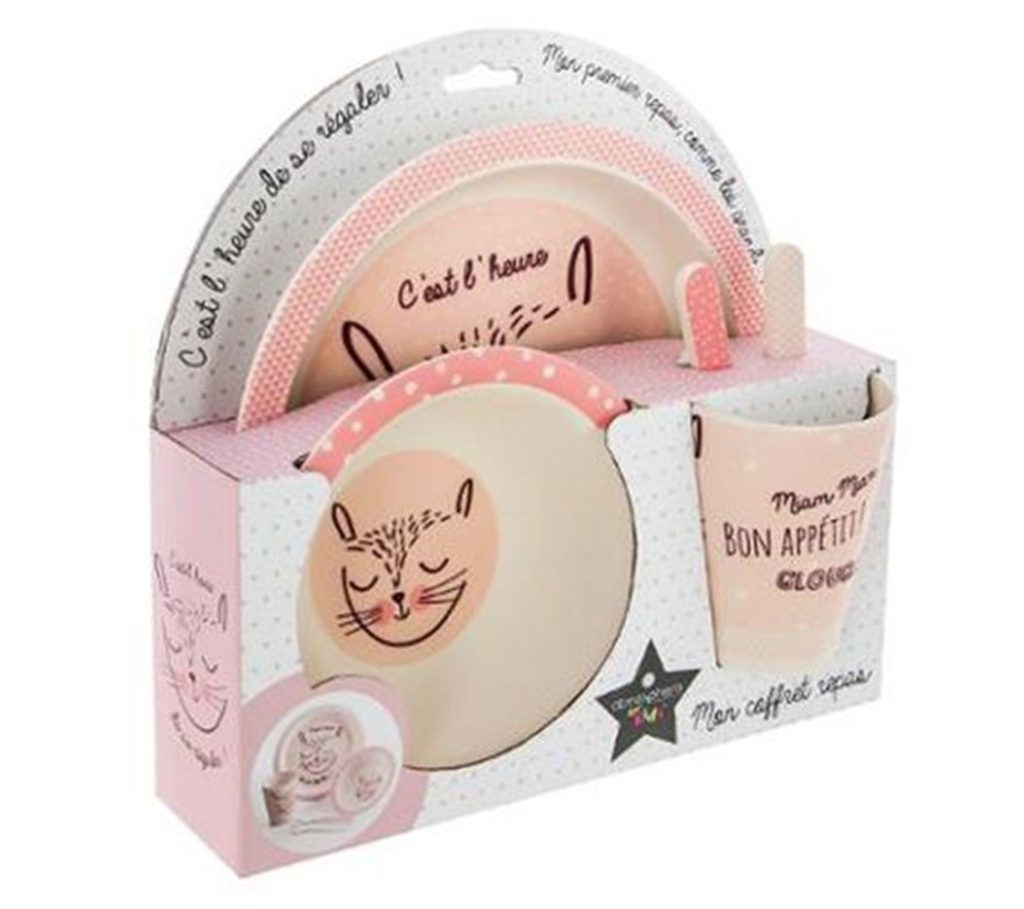 Set farfurii pentru copii Pink Kitty, bambus, 5 piese