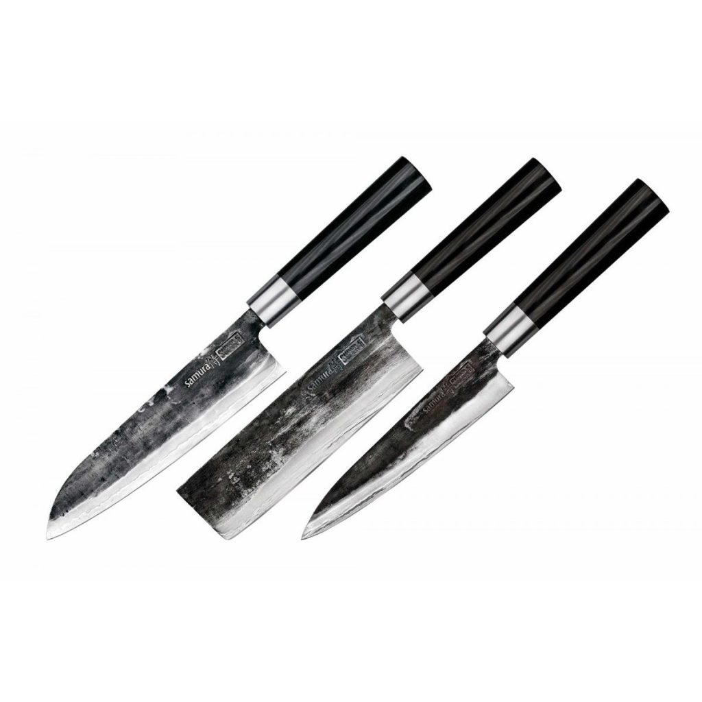 Set 3 Cutite Samura Super 5, universal 16,2 cm, nakiri 16,8 cm, santoku 18,2 mc, otel damasc HRC 61