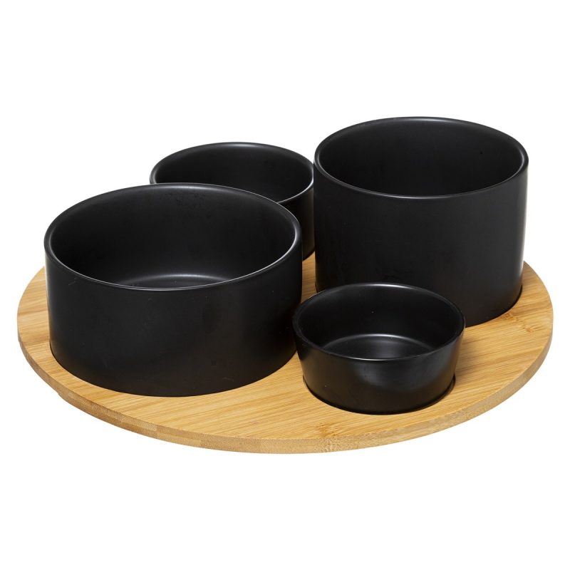 Set servire aperitv Black Dom, ceramica, bambus, 5 piese, 33x10 cm