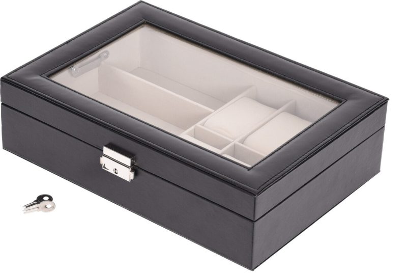 Organizator ceasuri/ochelari, Home Styling Collection, piele ecologica, Negru/Bej, 30x21x8 cm