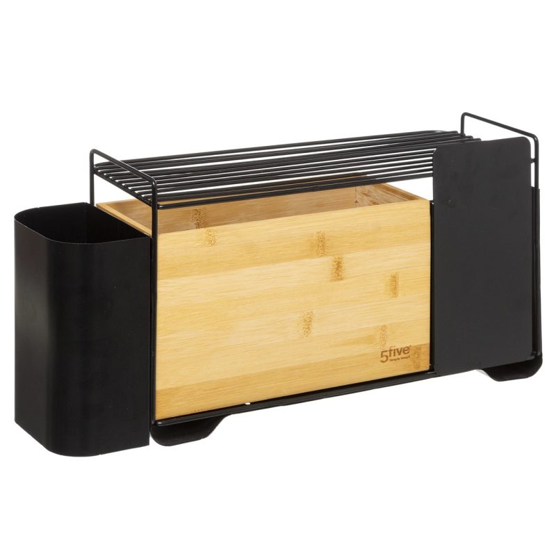 Organizator de bucatarie multifunctional Doryn din bambus si metal, negru, 44 x 14 x 22 cm