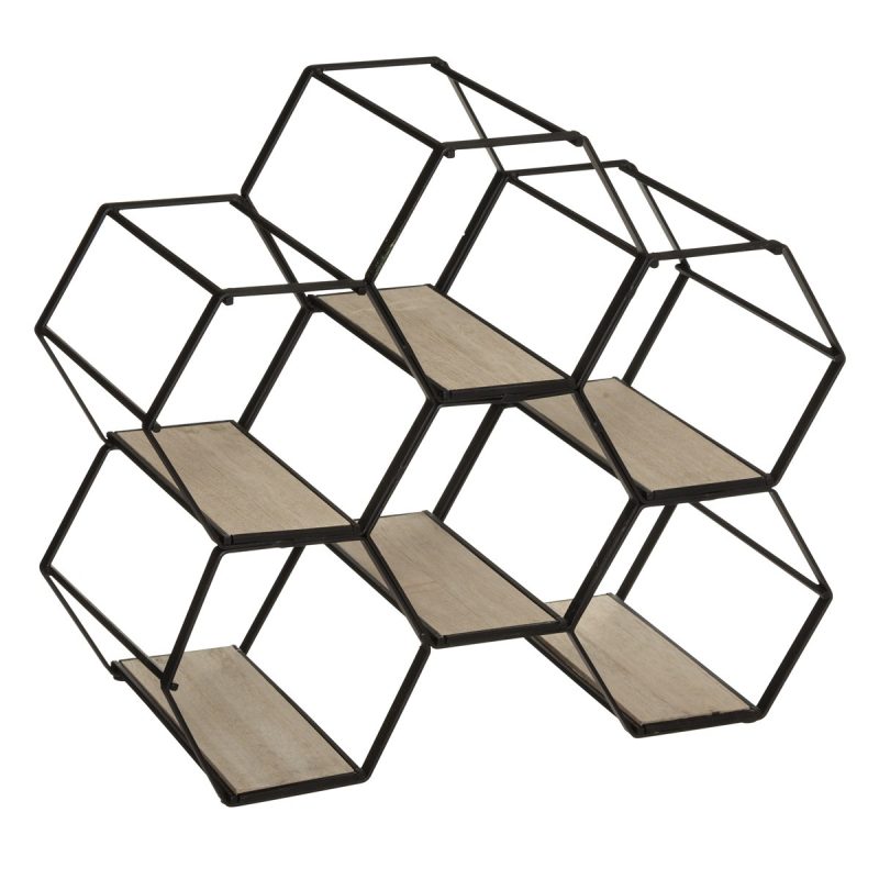 Suport 6 sticle vin Hexa, metal, lemn, 26 x 15 x H 29.5 cm